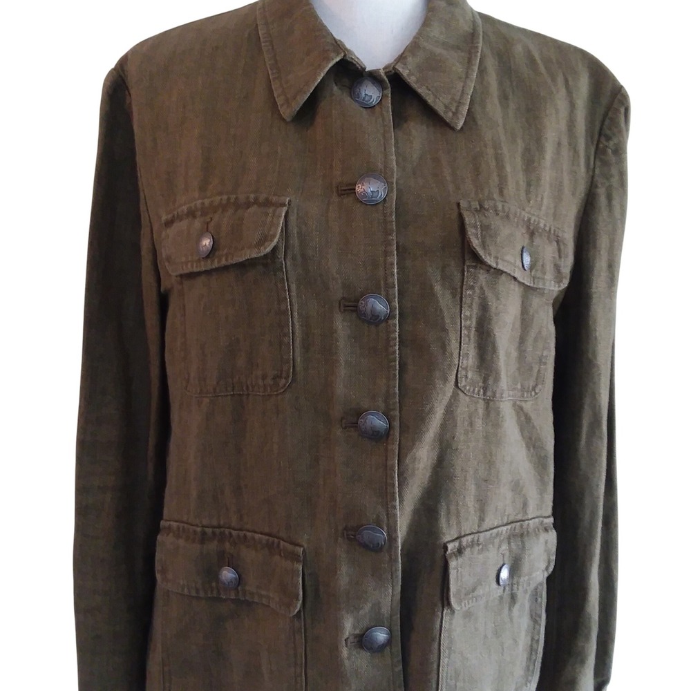 Lauren Ralph Lauren 100% Linen Safari Shirt Jacket Olive Green 4-Pocket Sz 16